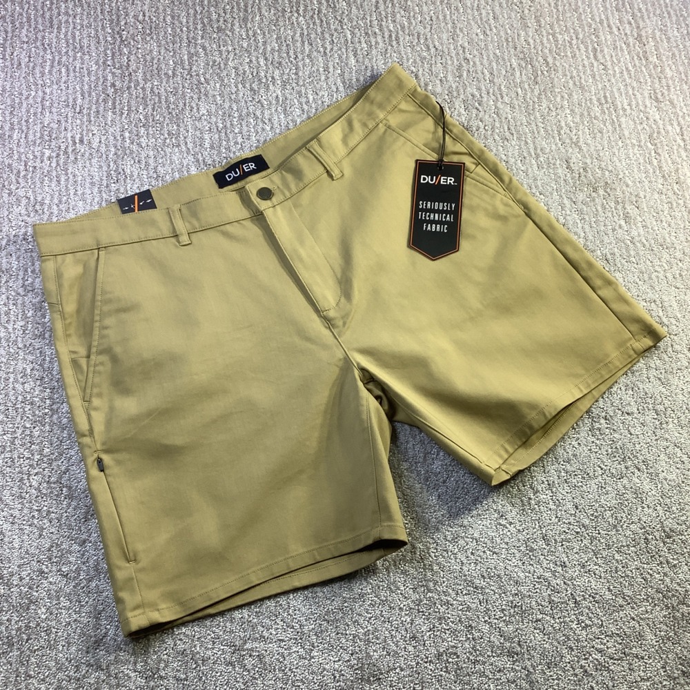DU/ER Mens Nustretch Shorts Khaki Technical Cotton Stretch‎ Size 38 NWT